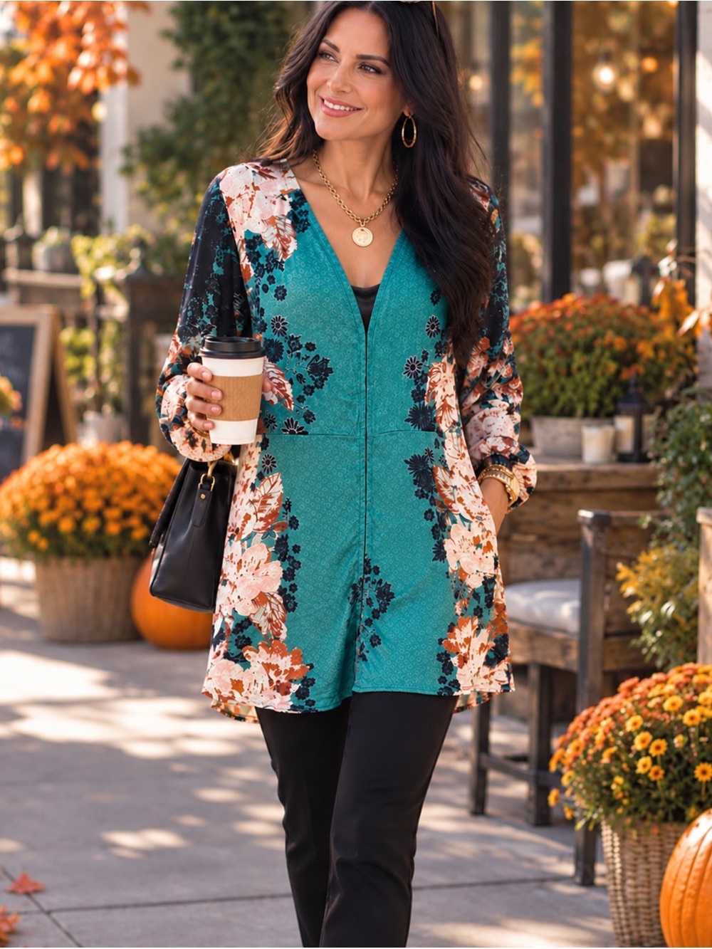 Free People Floral Tunic Blouse Patchwork Teal Deep V-Neck Hook & Eye Size Med